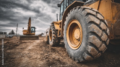 Close-Up of Heavy Construction Vehicle Tires at Industrial Worksite