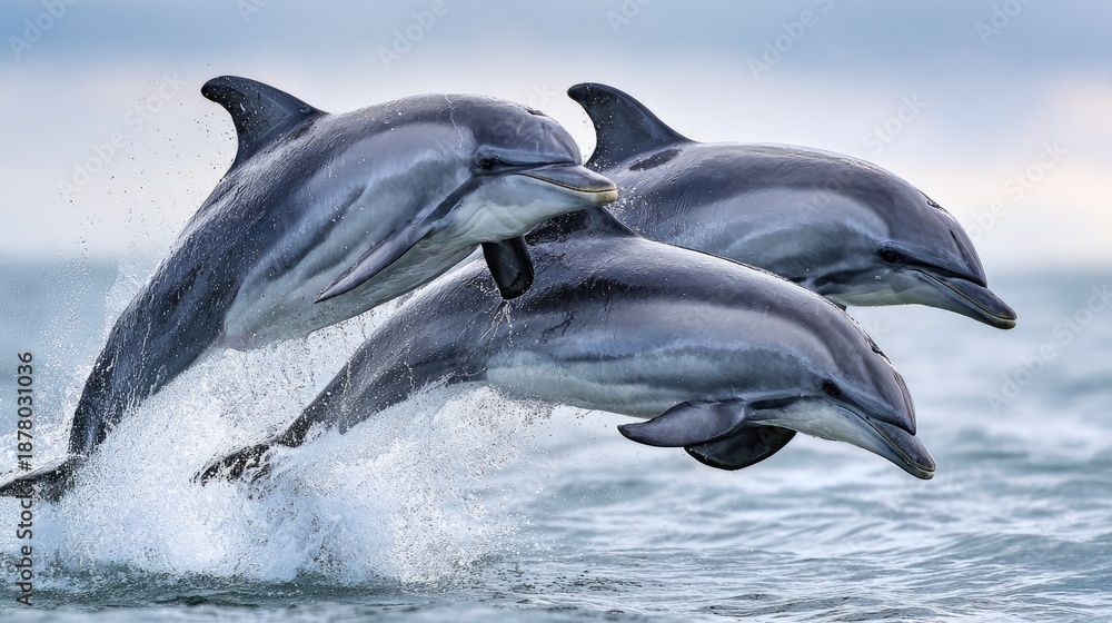 Obraz premium Three Dolphins Jumping Out of the Ocean Together