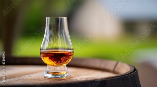 Glass of Whiskey on Wooden Barrel Outdoors