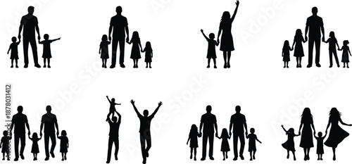 Family silhouettes collection with parents and children, happy father mother kids together, love care bonding moments, black isolated illustration set
