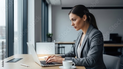 Professional woman working efficiently on a laptop in a contemporary office, showcasing dedicated focus and corporate productivity