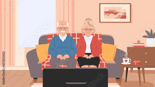 Elderly couple enjoying a relaxed evening watching television together in their cozy living room at home, finding comfort and companionship after a long day