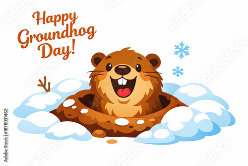 A smiling groundhog looks out of a hole in a snowdrift, with the text 