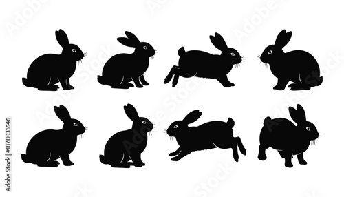 Collection of eight black rabbit silhouettes in various poses