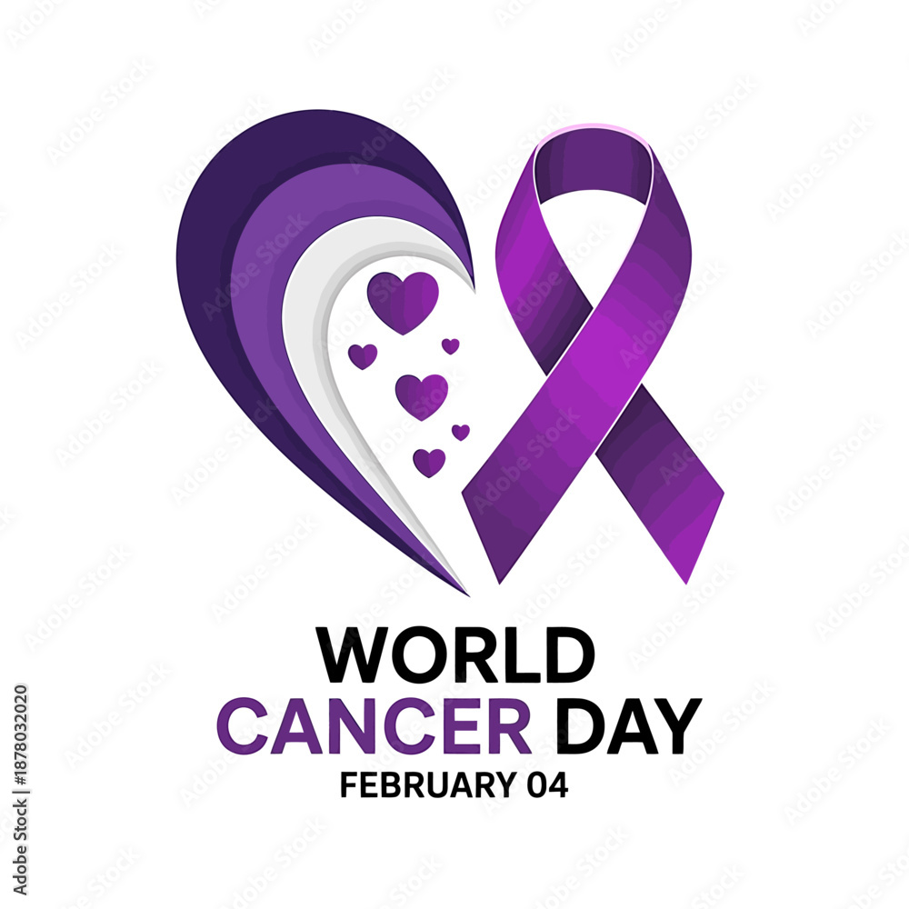 Fototapeta premium World cancer day poster design with purple ribbon and heart shape