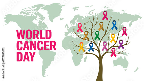 World cancer day poster with colorful ribbons on tree branches and world map background