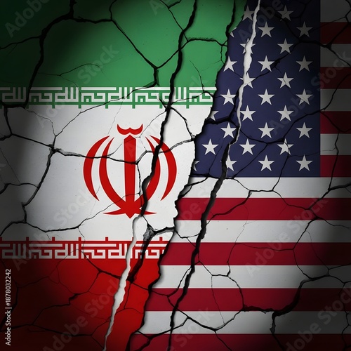 Cracked flags of iran and united states symbolizing strained relations