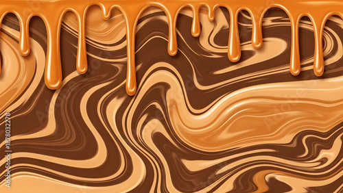 Rich Marbled Chocolate and Peanut Butter Swirl Background with Golden Caramel Sauce Dripping from Top