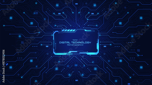 Futuristic HUD frame on circuit background. High-tech circuit board connection system. AI innovation concept. Machine learning and big data. Business and AI assistant or service. Vector illustration.
