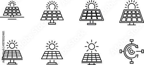 Minimal solar panel icon set featuring renewable energy symbols, photovoltaic technology illustrations, clean power concepts, sustainable electricity graphics, and modern outline design