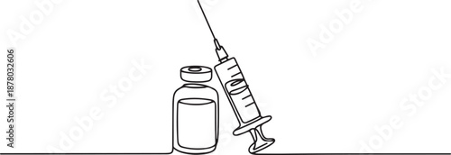 Continuous one line hand drawn of syringe and medicine vial, Symbol of pharmaceutical medicines and vaccines. one line Art icon drawing vector