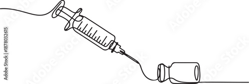 Continuous one line hand drawn of syringe and medicine vial, Symbol of pharmaceutical medicines and vaccines. one line Art icon drawing vector