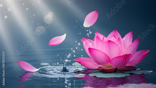 Ethereal Pink Lotus Flower on Calm Blue Water with Falling Petals Ripples and Soft Sunbeams