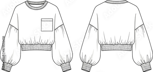 Cropped sweatshirt technical sketch, balloon sleeve design, ribbed cuffs and waistband, patch pocket detail, fashion flat front and back