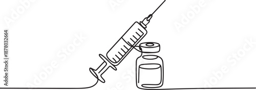 Continuous one line hand drawn of syringe and medicine vial, Symbol of pharmaceutical medicines and vaccines. one line Art icon drawing vector