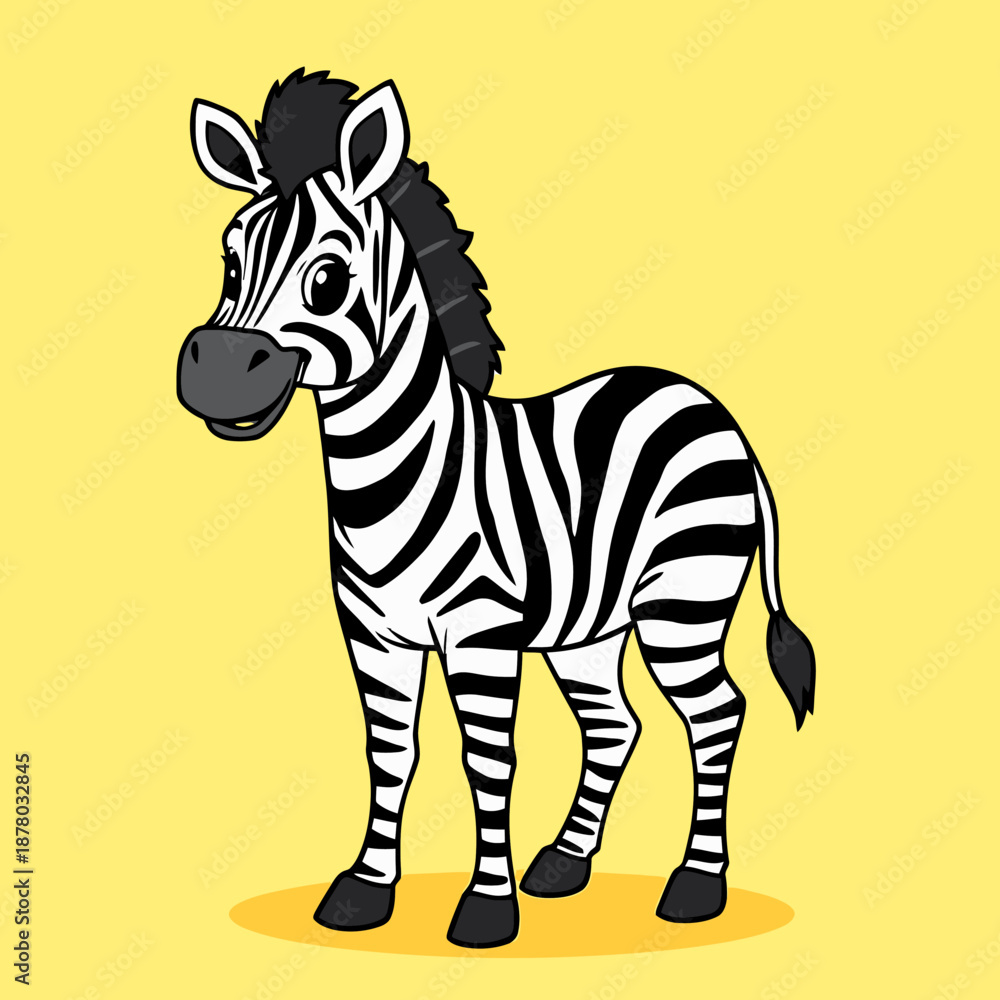 Fototapeta premium A cartoon zebra standing on a yellow background with a black mane and striped legs