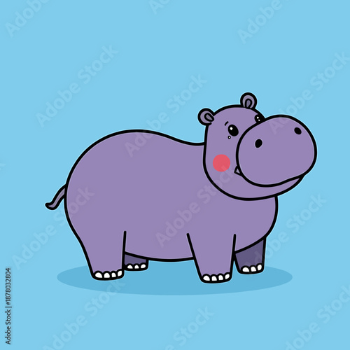 A cartoon hippopotamus standing on a blue background with a red cheek