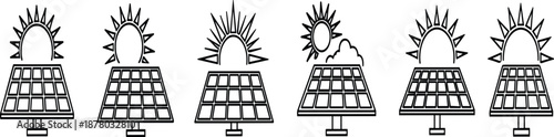 Solar panel energy icons set showing sun variations, renewable power generation, clean electricity technology symbols for sustainable green energy concepts
