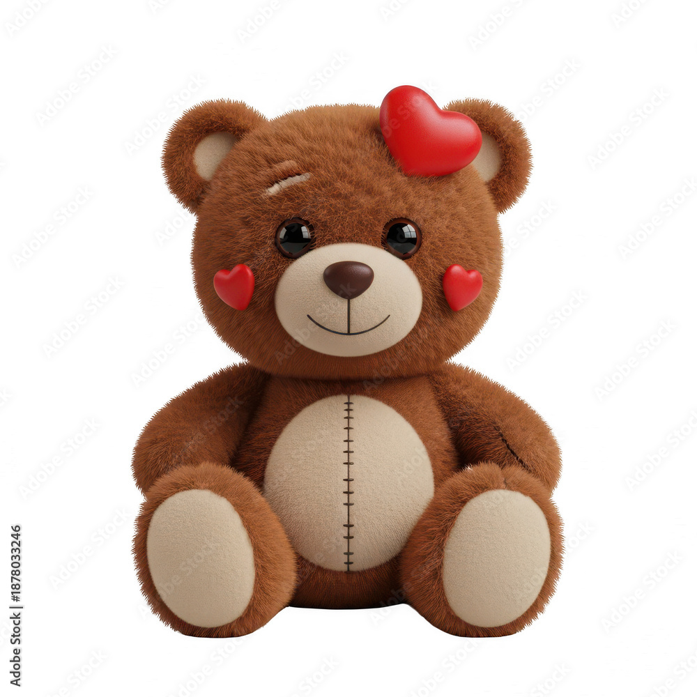 Obraz premium Adorable brown teddy bear with heart shaped embellishments isolated on transparent background