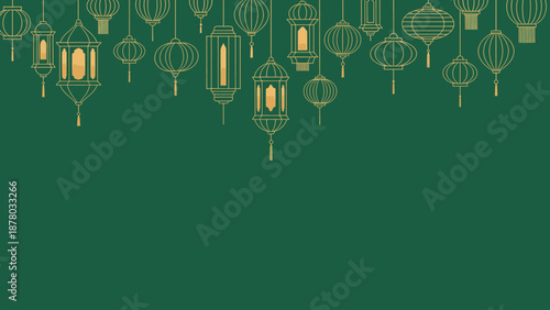 Intricate golden outline lanterns hanging on a vibrant deep green background, festive cultural design
