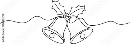 Christmas jingle bells hand draw one single line banner. one line Art icon drawing vector