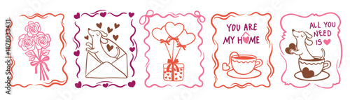 Set of five romantic hand-drawn frames with love quotes and hearts. Vector illustration for Valentine's Day, wedding, or anniversary