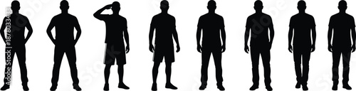 Male silhouettes standing poses collection, casual confident men body language, full body figures, black isolated illustration set on white background