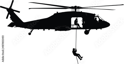 Military helicopter silhouette, special forces rappelling operation, combat rescue mission, tactical airborne unit, army aviation concept, isolated white background