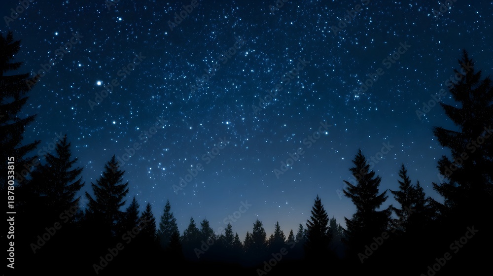 Fototapeta premium Deep blue night sky densely packed with twinkling stars silhouetting a dark pine forest against the horizon