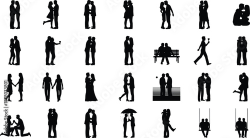 Romantic couple silhouettes collection, lovers kissing hugging proposing moments, relationship love dating concept, man woman pairs, black isolated illustration set