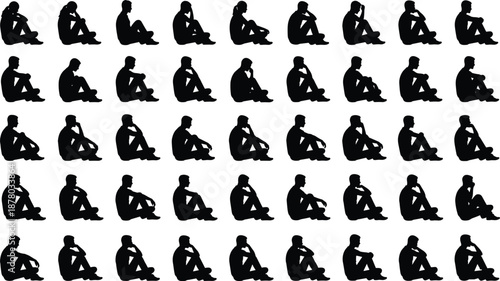 Thinking man silhouettes sitting poses collection, lonely stressed male emotions, mental health concept, sadness reflection, black isolated illustration set