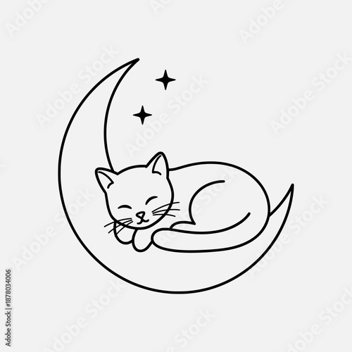 Serene feline dreamer resting on a crescent moon surrounded by stars in a peaceful nighttime illustration.
