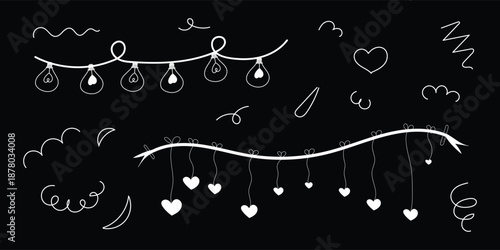 hand drawn heart garland and string lights on black background, minimalist romantic line art garland with hanging hearts, decorative doodle heart string lights illustration black