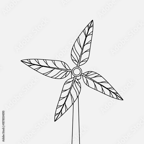Stylized wind turbine illustration with leaf-shaped blades, vector graphics, renewable energy concept