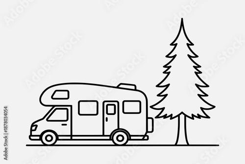 Campervan parked beside a tall tree in a serene landscape illustration