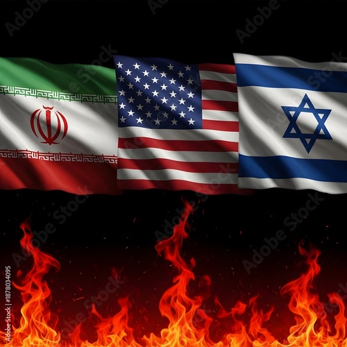 Flags of iran usa and israel symbolizing complex middle eastern geopolitics and tensions