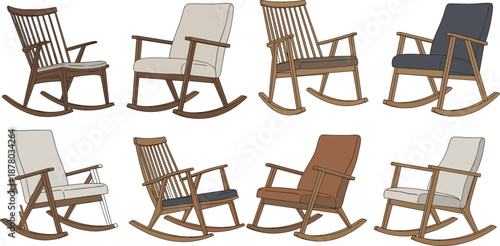 Rocking chair illustration set, wooden frame and cushion styles, furniture design comparison, comfort seating icons, home decor graphic