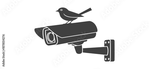 Security camera with bird perched on top, surveillance equipment illustration