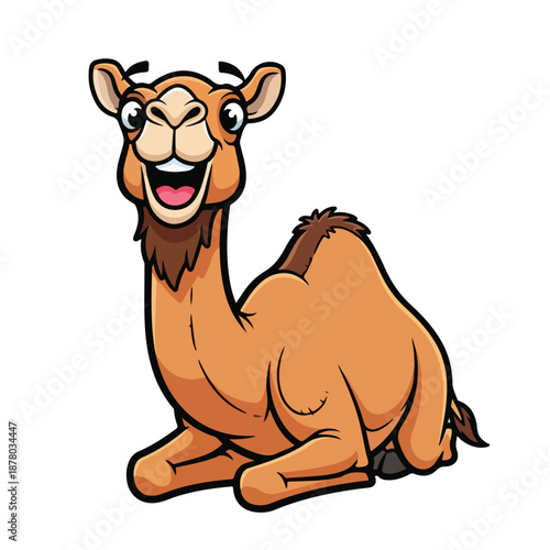Cartoon camel sitting on ground with happy expression