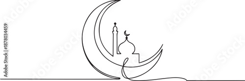 Continuous one line drawing of moon and mosque. Islamic new year concept. Muharram line art vector minimalist design. one line Art icon drawing vector