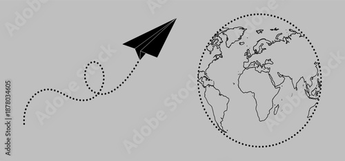 Aerial View of Paper Plane Flying Around Dotted Line Globe Illustration
