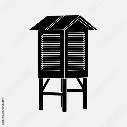 Illustration of a black wooden hut with shutters on stilts viewed from the front in a plain environment
