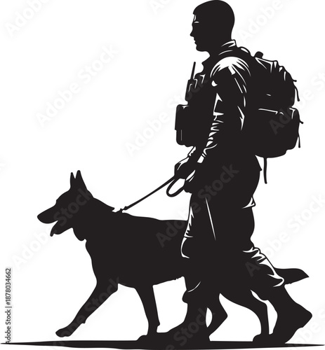 Man walking dog on leash with backpack vector illustration