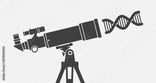Telescope illustration with DNA double helix on tripod, symbolizing science and discovery in a simple graphic representation