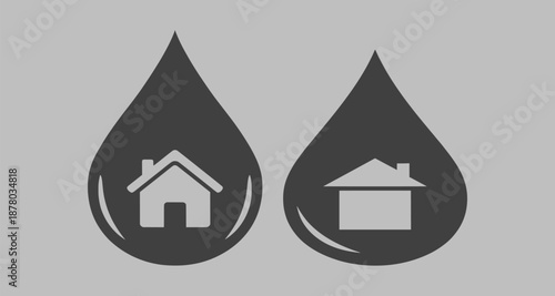 Water Droplet Icons Representing Residential and Commercial Buildings in a Simple Vector Illustration