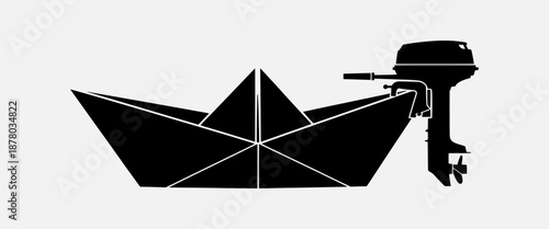 Black origami boat with outboard motor illustration on white background viewed from the side