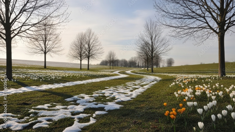 Fototapeta premium Soft morning sun lights early spring landscape with melting snow and fresh air