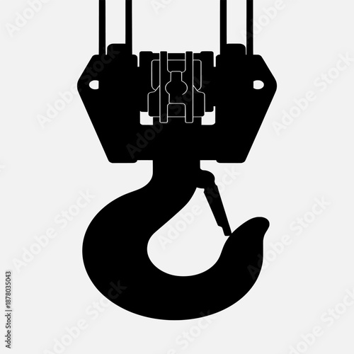 Crane hook illustration featuring a heavy-duty lifting device with a sturdy hook and mechanical components in a technical drawing style