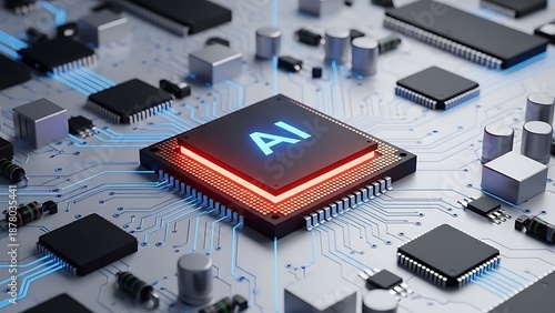 Close up of a computer chip with ai on it surrounded by various microchips and circuitry