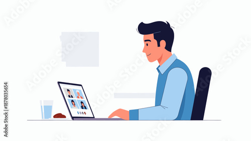 Man in a blue shirt working on a laptop with a video call in progress